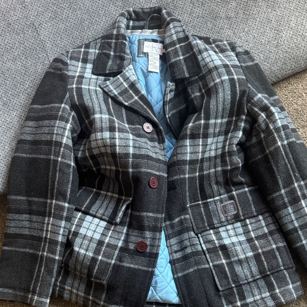 Calvin Klein Black and Gray Plaid Pea Coat